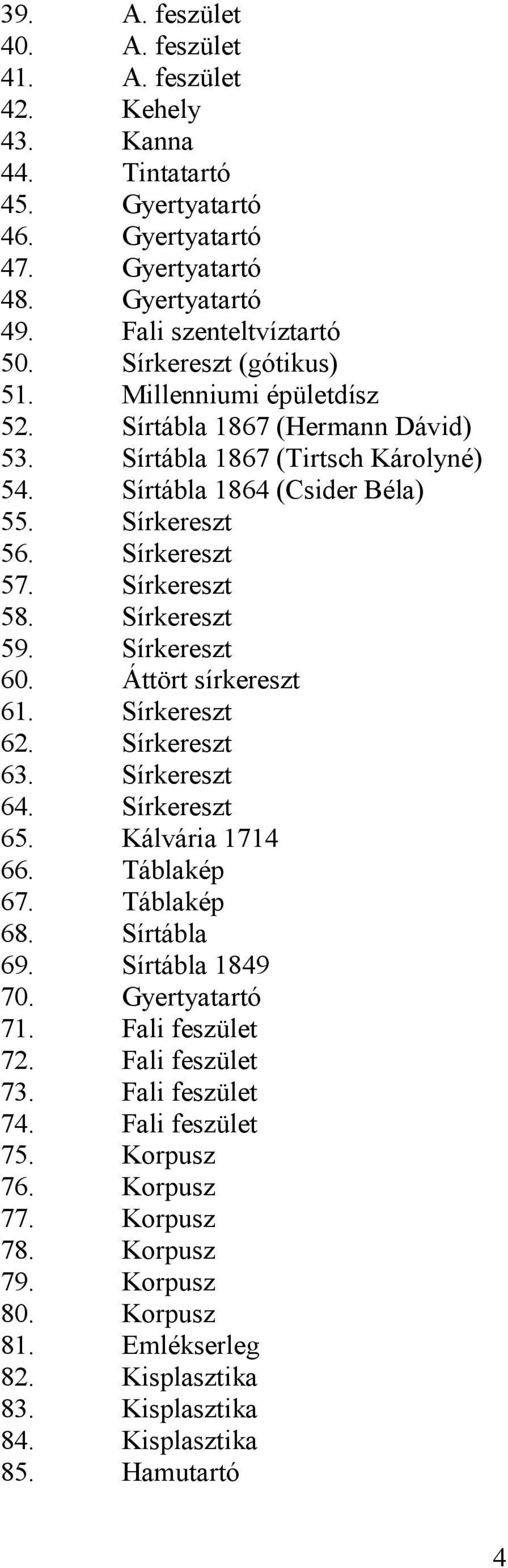 Sírkereszt 59. Sírkereszt 60. Áttört sírkereszt 61. Sírkereszt 62. Sírkereszt 63. Sírkereszt 64. Sírkereszt 65. Kálvária 1714 66. Táblakép 67. Táblakép 68. Sírtábla 69. Sírtábla 1849 70.