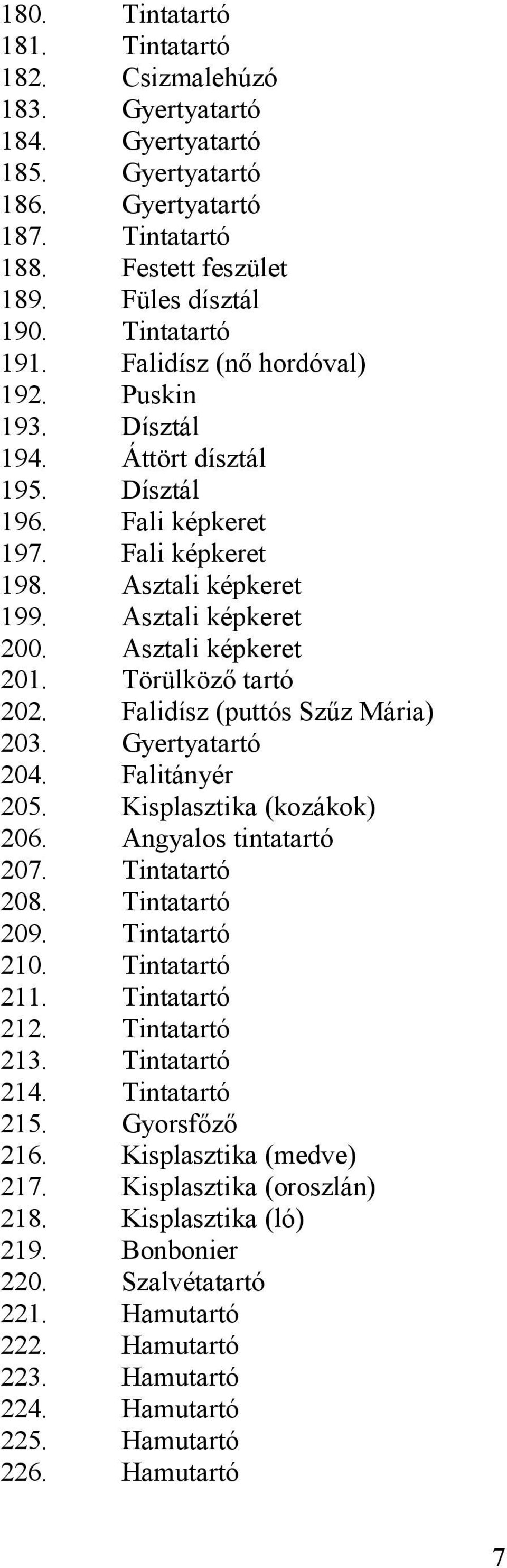 Törülköző tartó 202. Falidísz (puttós Szűz Mária) 203. Gyertyatartó 204. Falitányér 205. Kisplasztika (kozákok) 206. Angyalos tintatartó 207. Tintatartó 208. Tintatartó 209. Tintatartó 210.