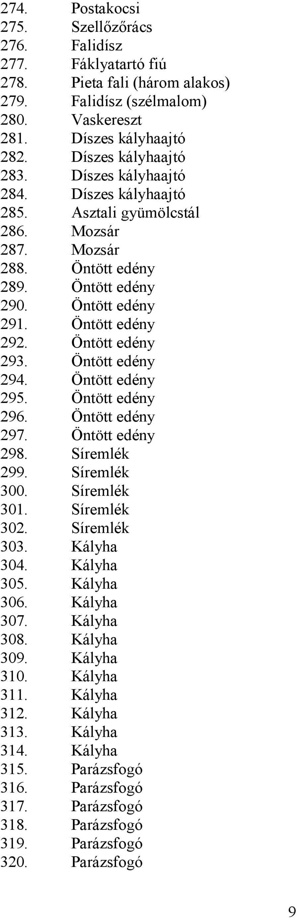 Öntött edény 294. Öntött edény 295. Öntött edény 296. Öntött edény 297. Öntött edény 298. Síremlék 299. Síremlék 300. Síremlék 301. Síremlék 302. Síremlék 303. Kályha 304. Kályha 305.