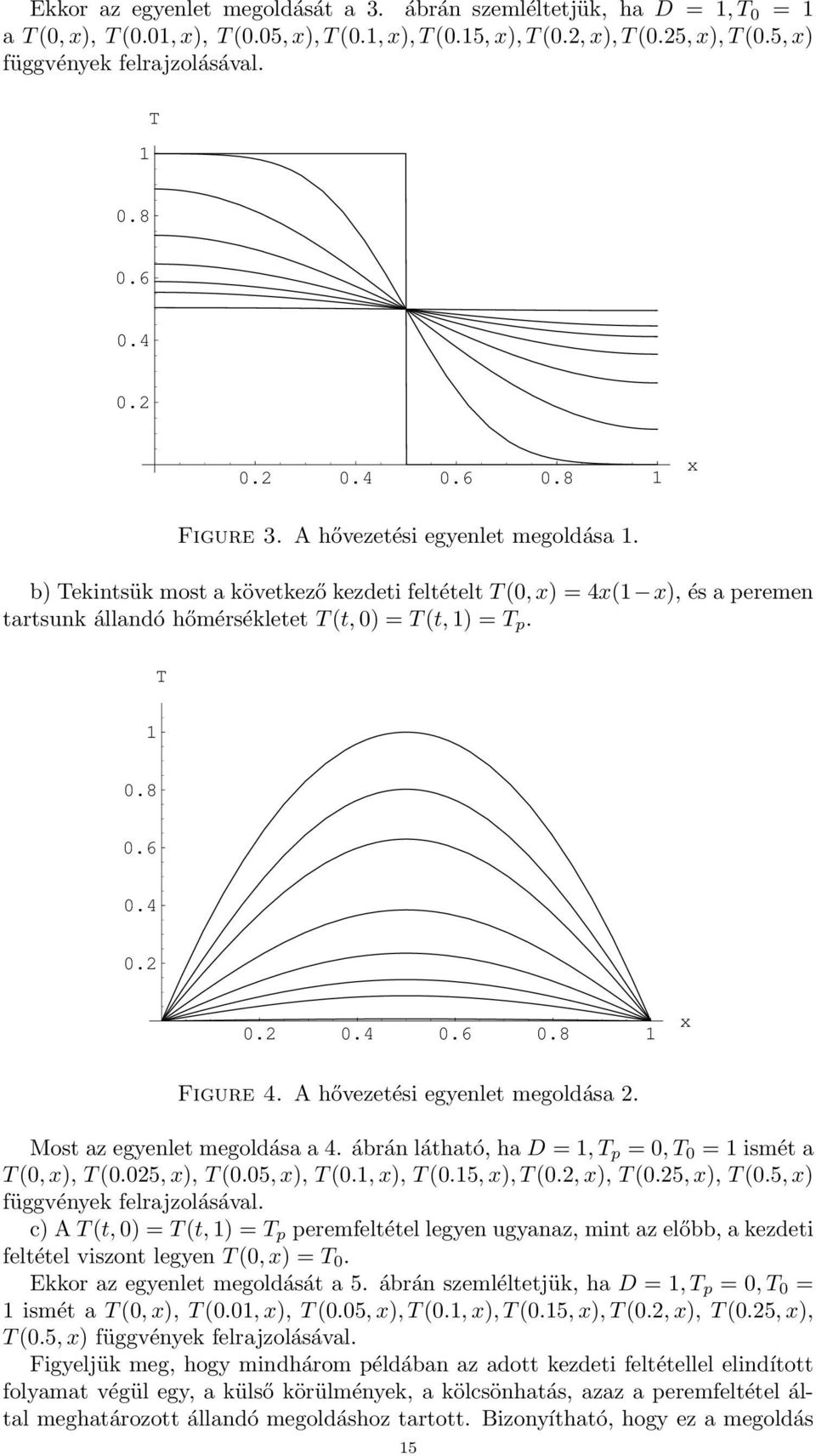 b) Tekintsük most a következő kezdeti feltételt T (0, x) = 4x(1 x), és a peremen tartsunk állandó hőmérsékletet T (t, 0) = T (t, 1) = T p. T 1 0.8 0.6 0.4 0.2 0.2 0.4 0.6 0.8 1 x Figure 4.