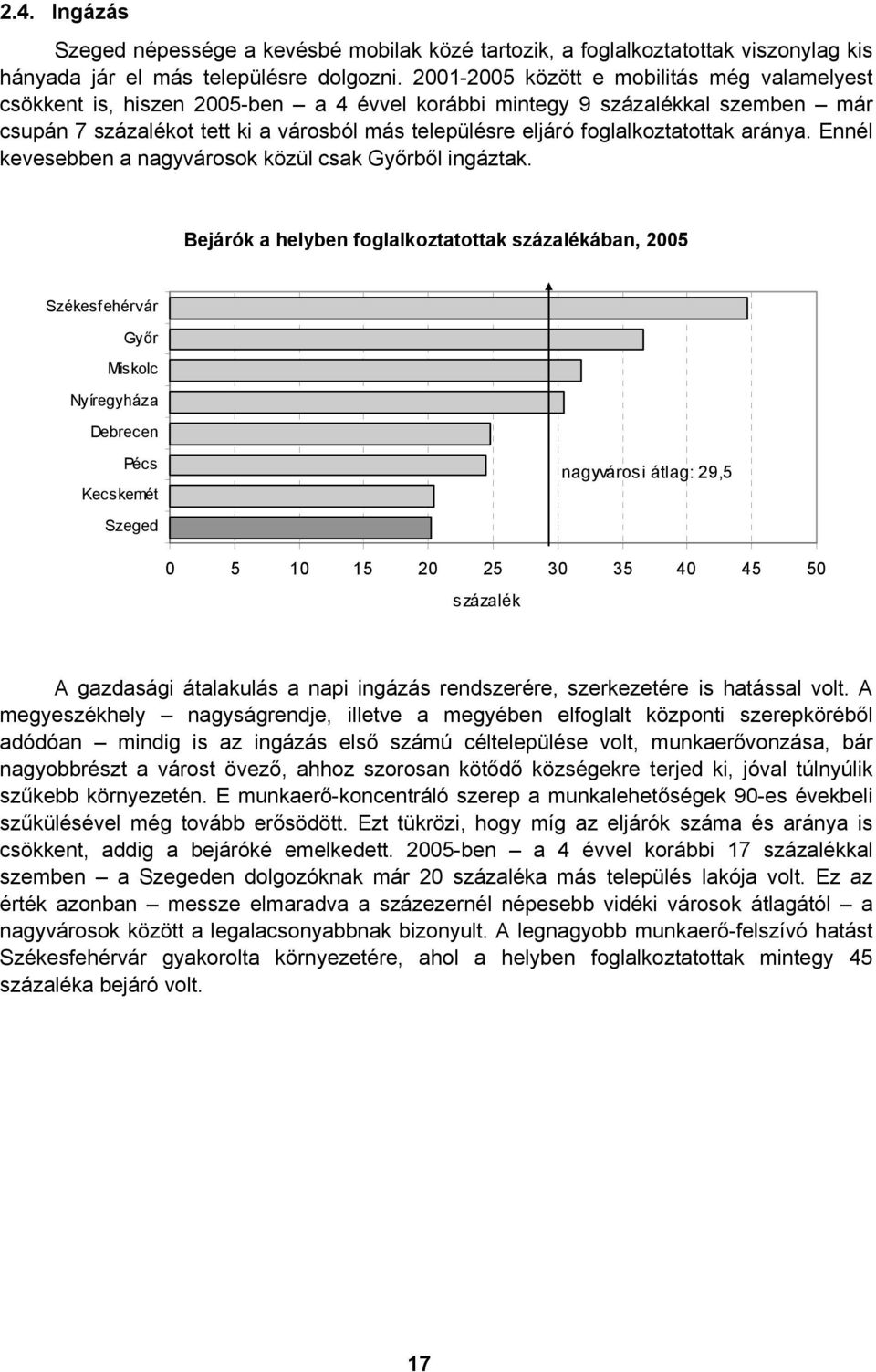 foglalkoztatottak aránya. Ennél kevesebben a nagyvárosok közül csak Győrből ingáztak.