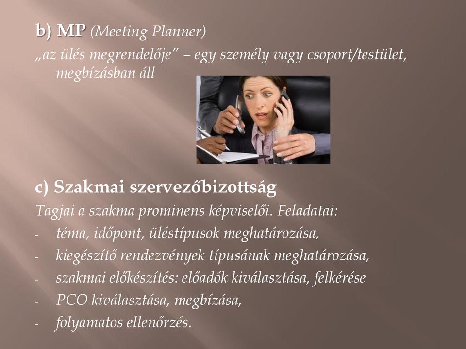Feladatai: - téma, időpont, üléstípusok meghatározása, - kiegészítő rendezvények típusának