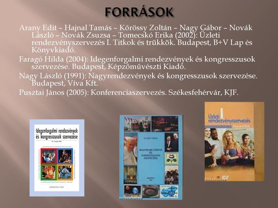 Faragó Hilda (2004): Idegenforgalmi rendezvények és kongresszusok szervezése. Budapest, Képzőművészti Kiadó.