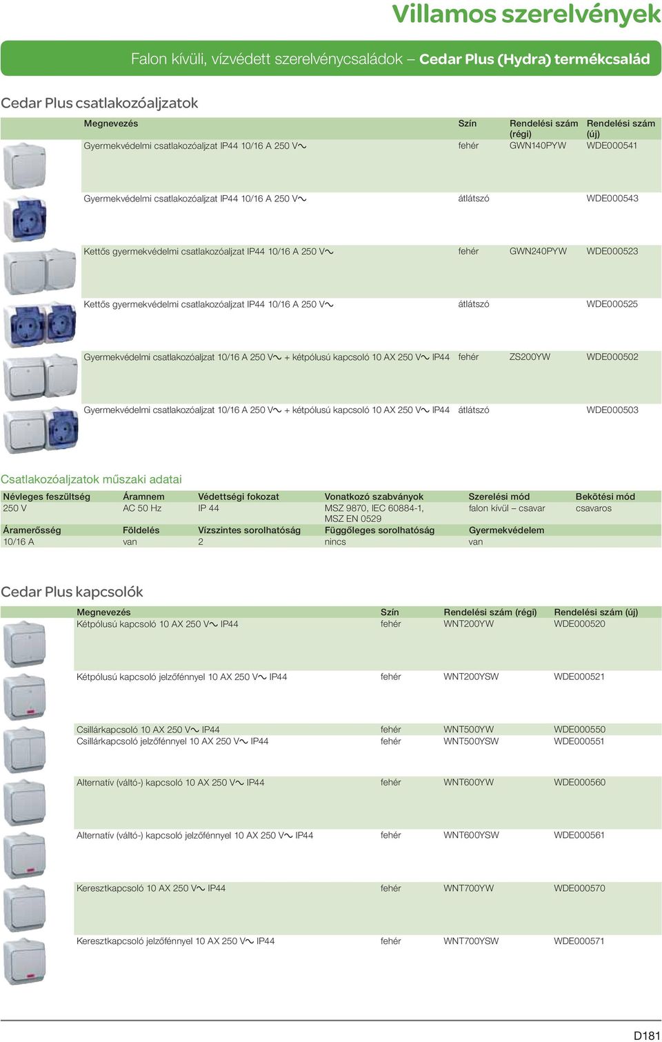 csatlakozóaljzat IP44 10/16 A 250 Va átlátszó WDE000525 Gyermekvédelmi csatlakozóaljzat 10/16 A 250 Va + kétpólusú kapcsoló 10 AX 250 Va IP44 fehér ZS200YW WDE000502 Gyermekvédelmi csatlakozóaljzat