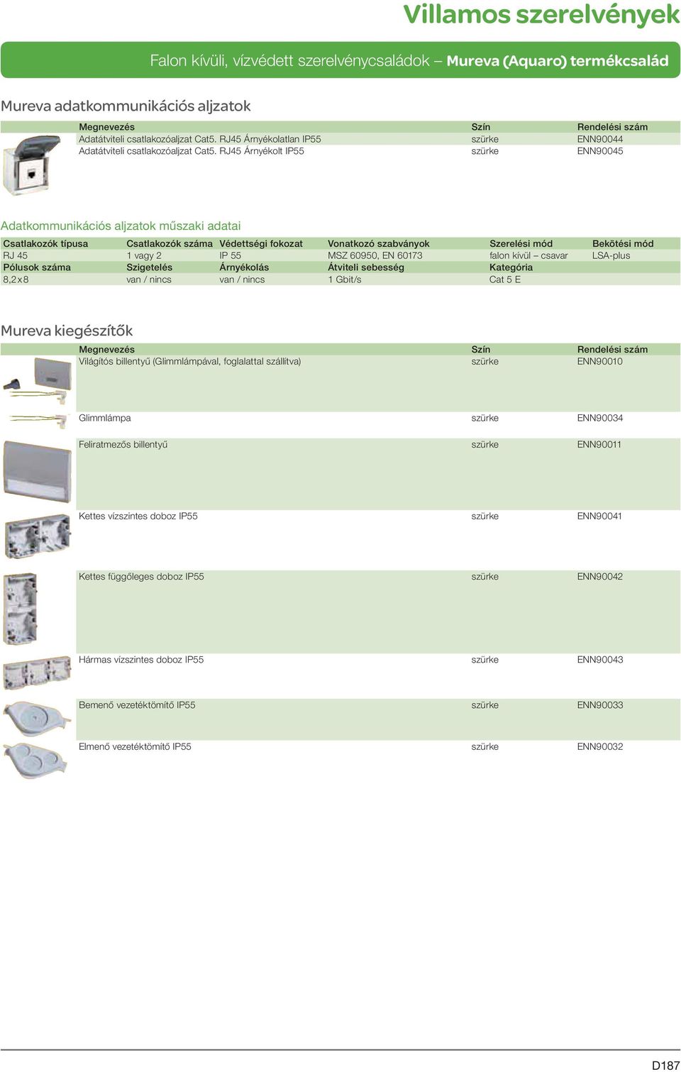 55 MSZ 60950, E 60173 falon kívül csavar SA-plus Pólusok száma Szigetelés Árnyékolás Átviteli sebesség Kategória 8,2 x 8 van / nincs van / nincs 1 Gbit/s Cat 5 E Mureva kiegészítők Világítós