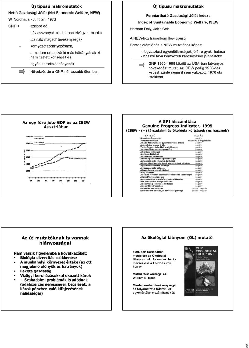 korrekciós tényezők Növekvő, de a GNP-nél lassabb ütemben Új típusú makromutatók Fenntartható Gazdasági Jólét Indexe Index of Sustainable Economic Welfare, ISEW Herman Daly, John Cob A NEW-hoz