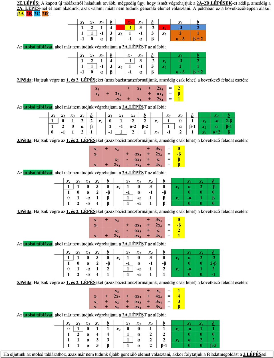 A példáan ez a következőképpen alakul (2A, 2B, 2C, 2D): x 3 1 2 1 4-1 3-2 x 1-3 2 1 1-1 3 x 2 1-1 3 x 2 2 1-1 0 α β -1 α β α - 3 β + 2 x 3 1 2 1 4-1 3-2 x 1-3 2 1 1-1 3 x 2 1-1 3 x 2 2 1-1 0 α β -1 α