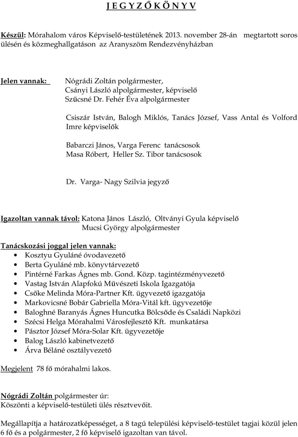 Fehér Éva alpolgármester Csiszár István, Balogh Miklós, Tanács József, Vass Antal és Volford Imre képviselők Babarczi János, Varga Ferenc tanácsosok Masa Róbert, Heller Sz. Tibor tanácsosok Dr.