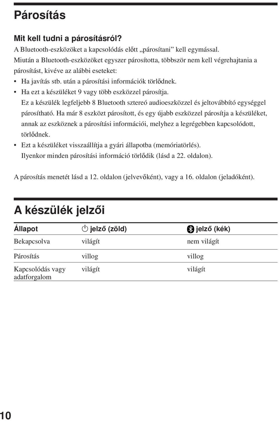 Ha ezt a készüléket 9 vagy több eszközzel párosítja. Ez a készülék legfeljebb 8 Bluetooth sztereó audioeszközzel és jeltovábbító egységgel párosítható.