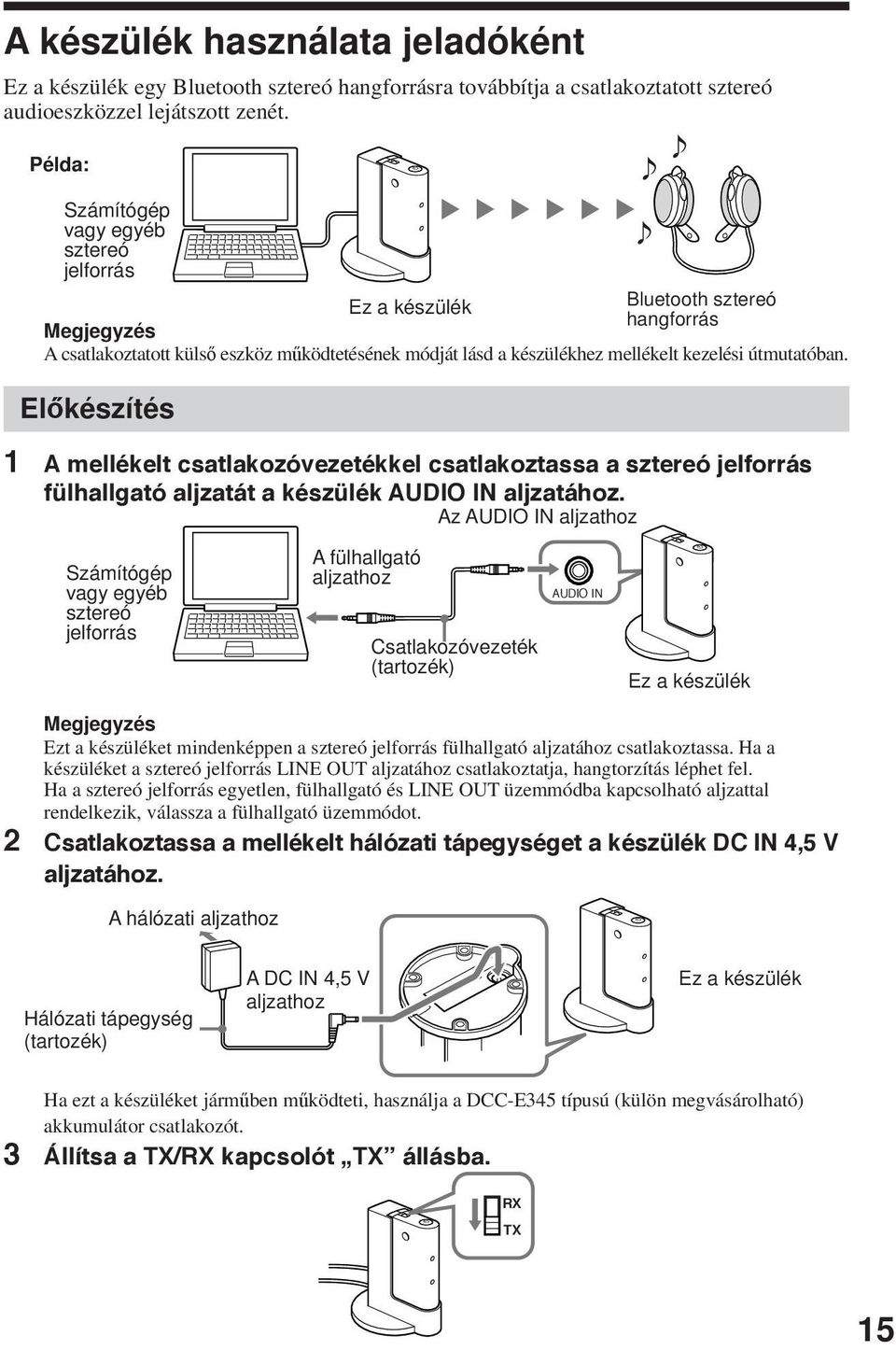 Előkészítés 1 A mellékelt csatlakozóvezetékkel csatlakoztassa a sztereó jelforrás fülhallgató aljzatát a készülék AUDIO IN aljzatához.
