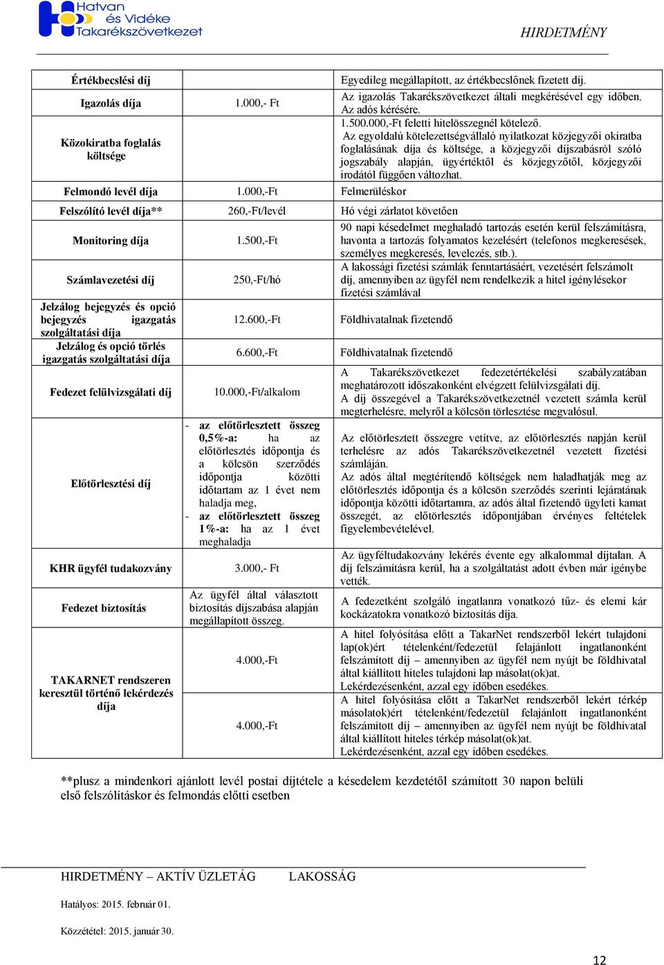 igazgatás szolgáltatási a Fedezet felülvizsgálati Előtörlesztési KHR ügyfél tudakozvány Fedezet biztosítás TAKARNET rendszeren keresztül történő lekérdezés a 1.500,-Ft 250,-Ft/hó 12.600,-Ft 6.