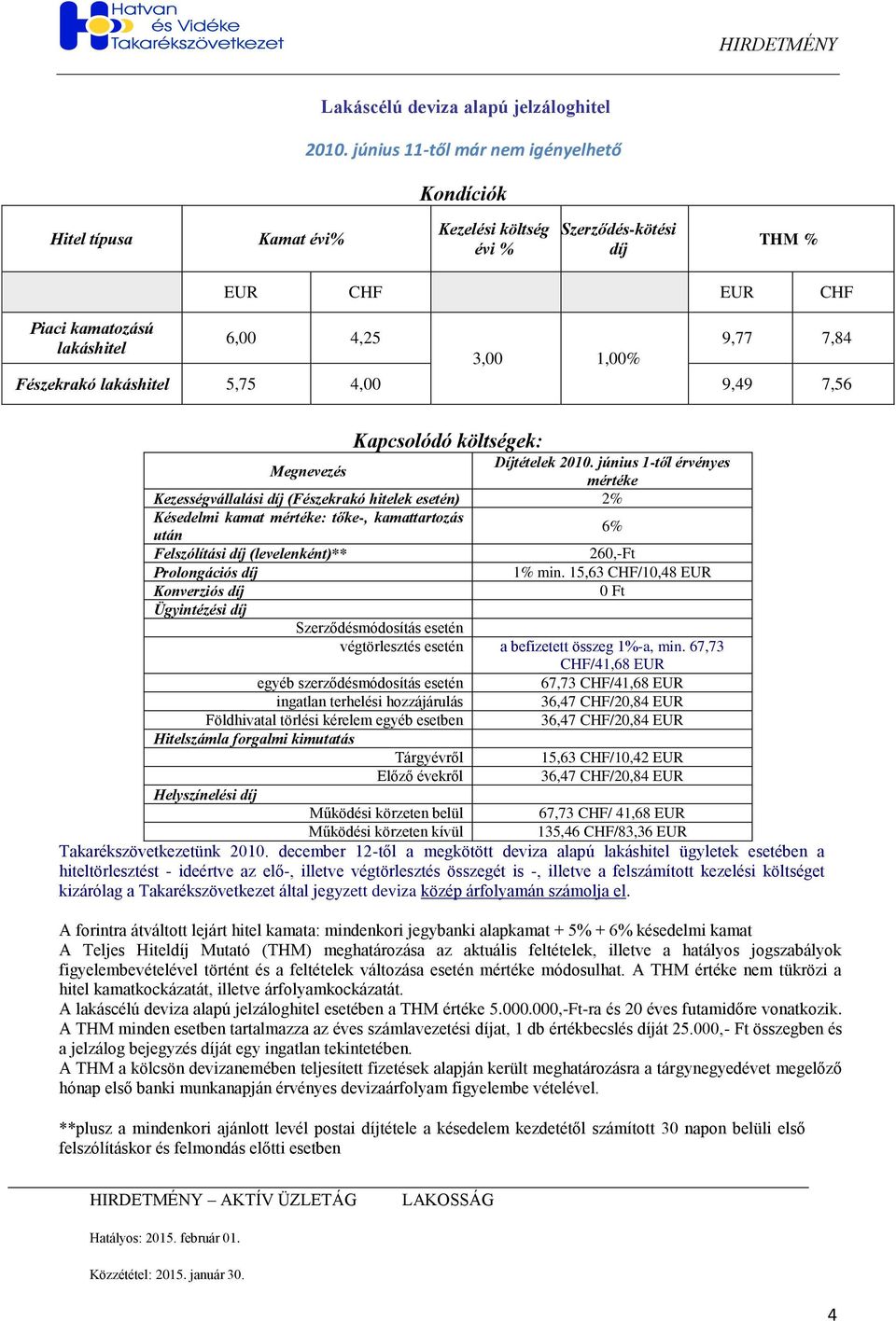 lakáshitel 5,75 4,00 9,49 7,56 Kapcsolódó költségek: Megnevezés Díjtételek 2010.