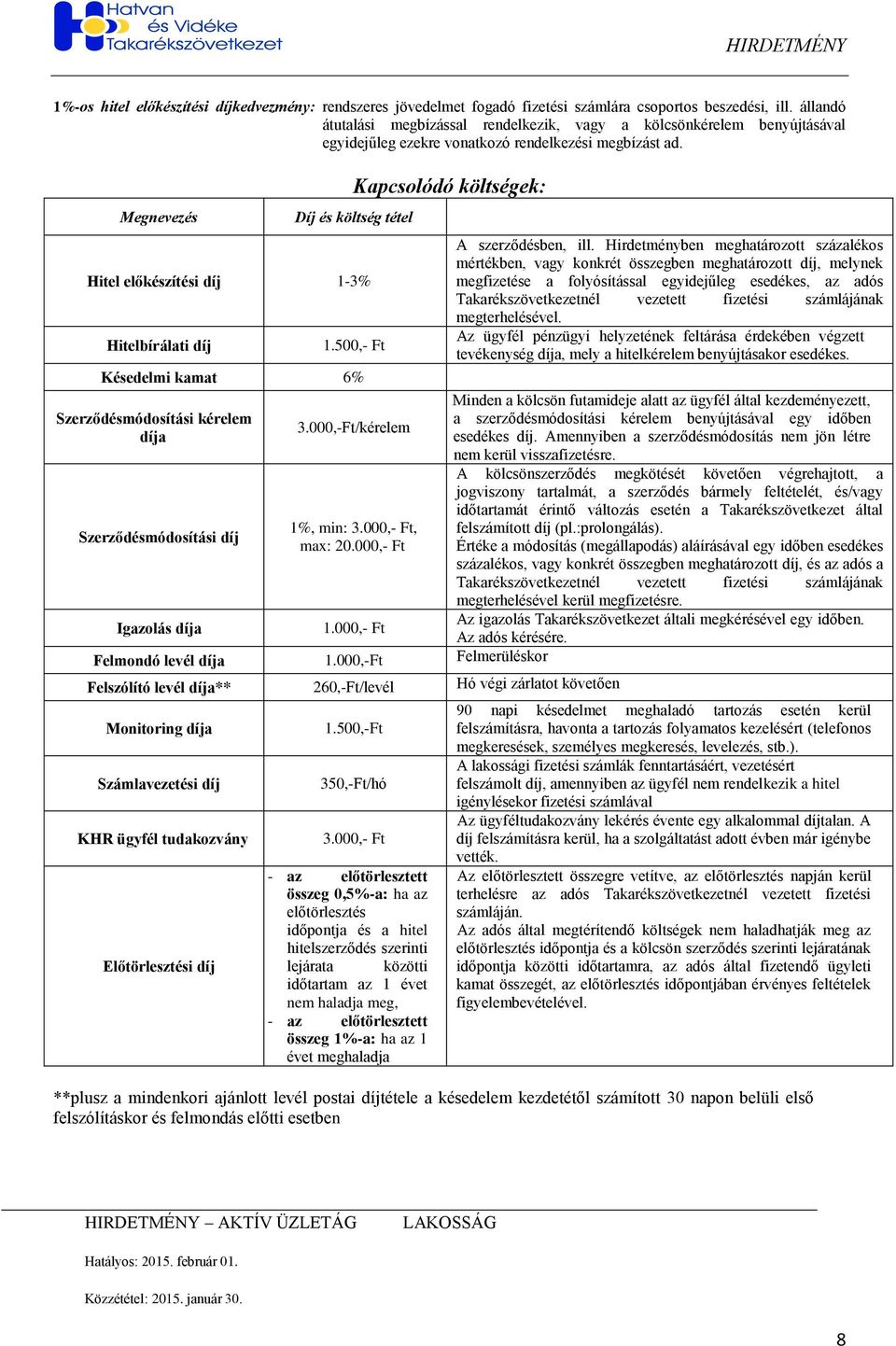 Megnevezés Kapcsolódó költségek: Díj és költség tétel Hitel előkészítési 1-3% Hitelbírálati 1.500,- Ft Késedelmi kamat 6% Szerződésmódosítási kérelem a Szerződésmódosítási Igazolás a 3.