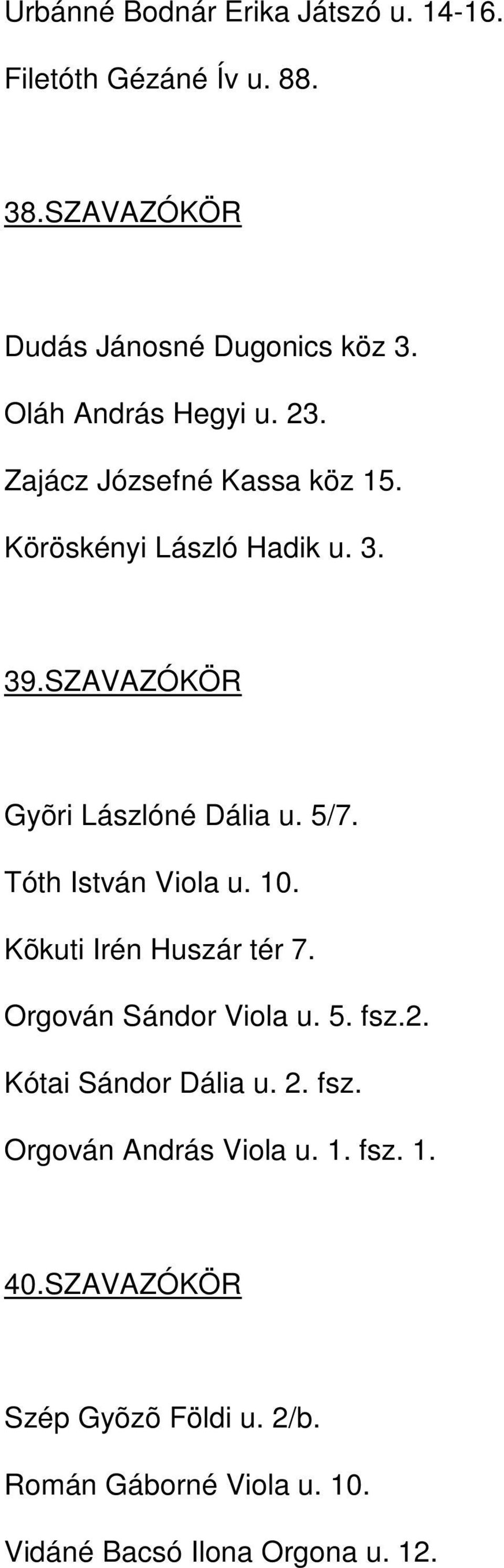 SZAVAZÓKÖR Gyõri Lászlóné Dália u. 5/7. Tóth István Viola u. 10. Kõkuti Irén Huszár tér 7. Orgován Sándor Viola u. 5. fsz.