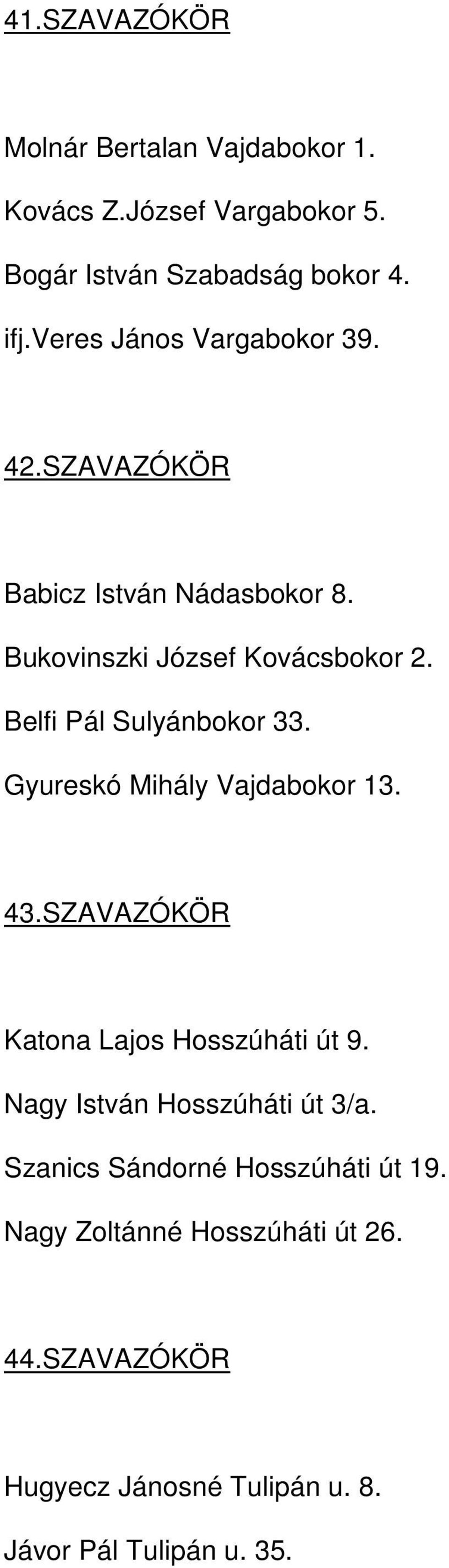 Belfi Pál Sulyánbokor 33. Gyureskó Mihály Vajdabokor 13. 43.SZAVAZÓKÖR Katona Lajos Hosszúháti út 9.