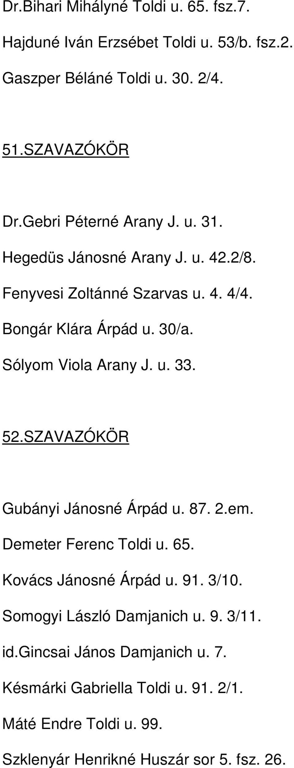 Sólyom Viola Arany J. u. 33. 52.SZAVAZÓKÖR Gubányi Jánosné Árpád u. 87. 2.em. Demeter Ferenc Toldi u. 65. Kovács Jánosné Árpád u. 91. 3/10.