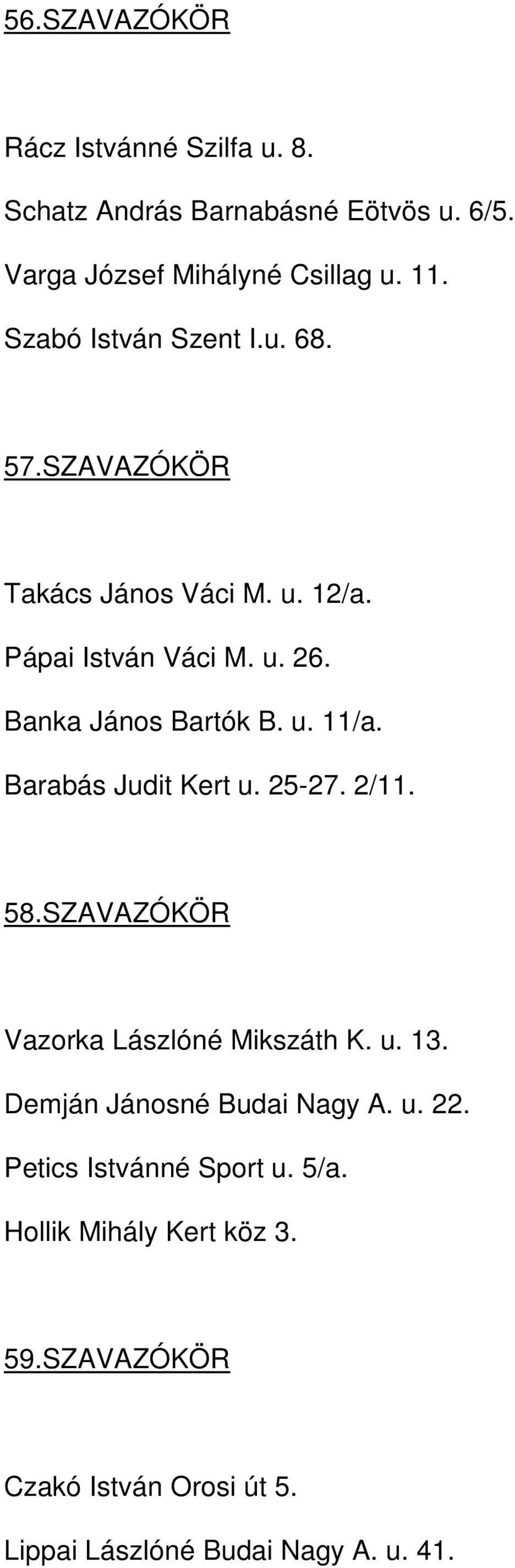 Barabás Judit Kert u. 25-27. 2/11. 58.SZAVAZÓKÖR Vazorka Lászlóné Mikszáth K. u. 13. Demján Jánosné Budai Nagy A. u. 22.