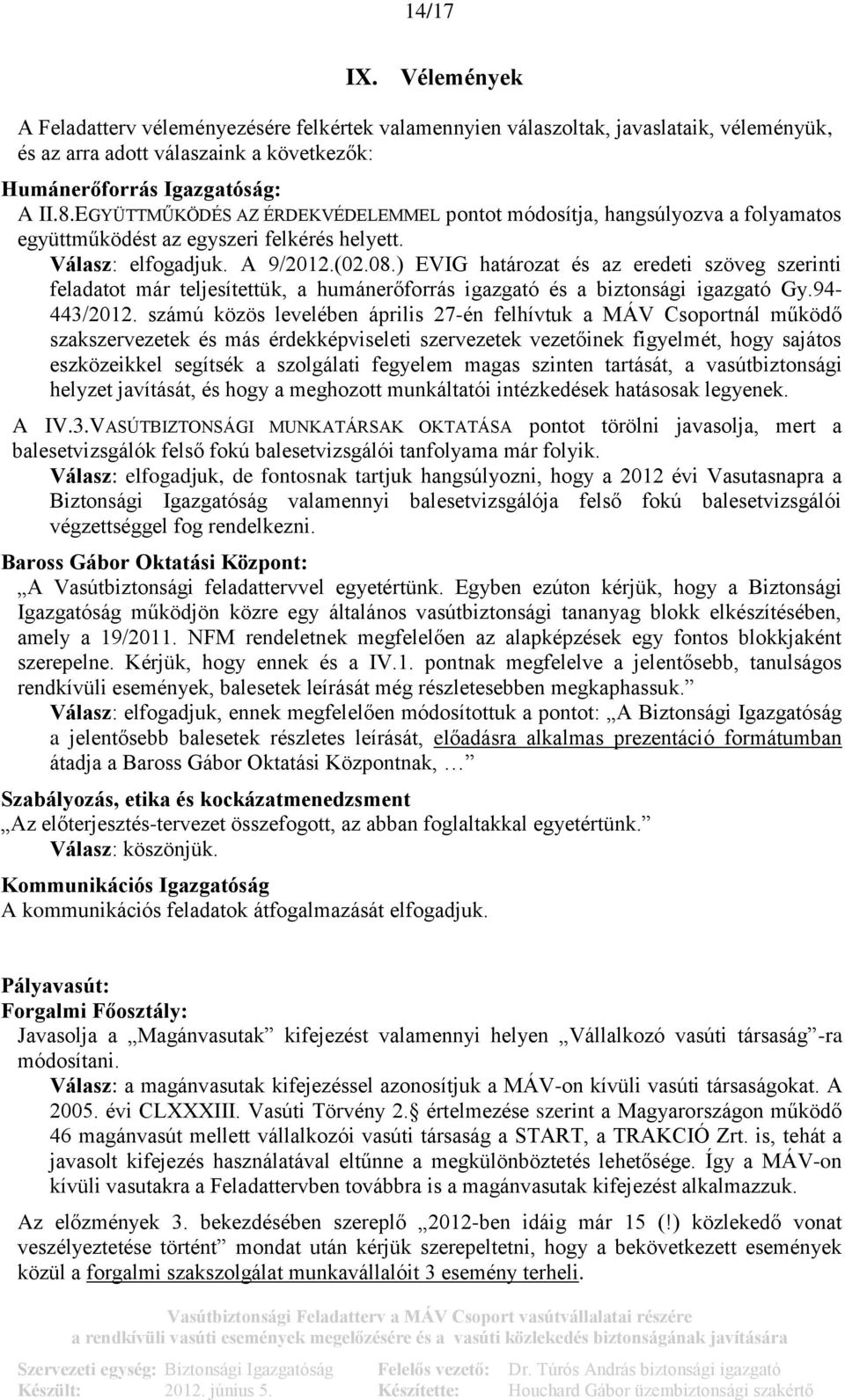 ) EVIG határozat és az eredeti szöveg szerinti feladatot már teljesítettük, a humánerőforrás igazgató és a biztonsági igazgató Gy.94-443/2012.