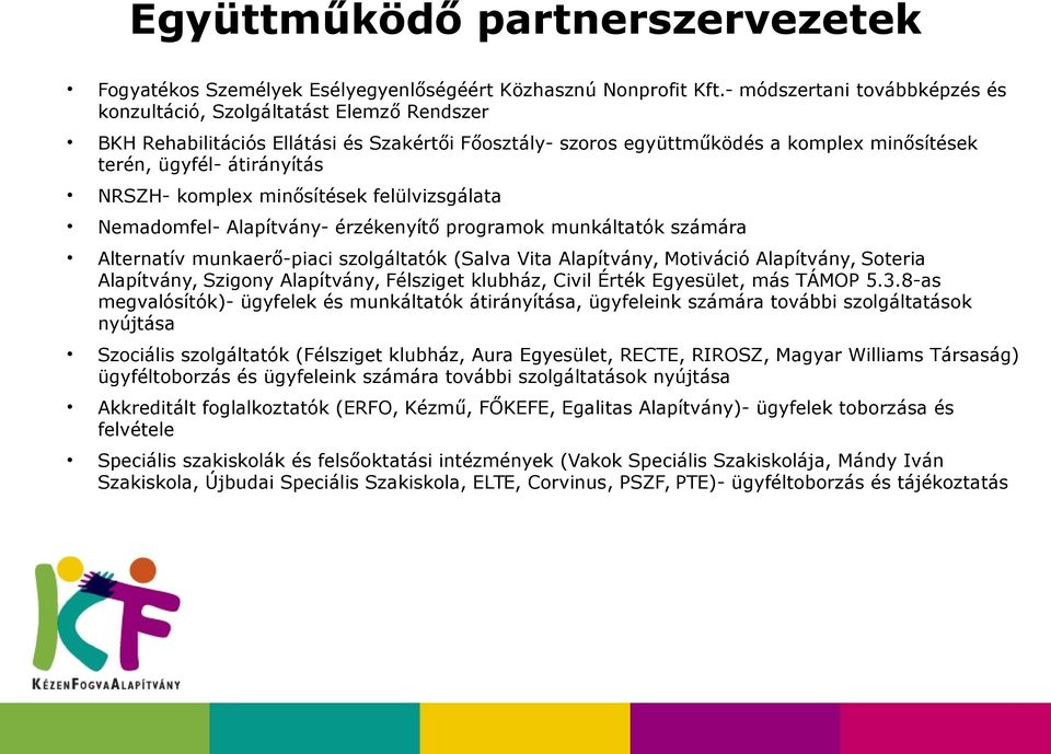 NRSZH- komplex minősítések felülvizsgálata Nemadomfel- Alapítvány- érzékenyítő programok munkáltatók számára Alternatív munkaerő-piaci szolgáltatók (Salva Vita Alapítvány, Motiváció Alapítvány,