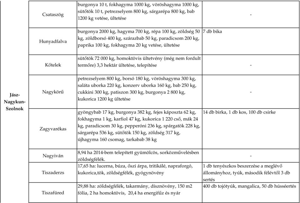 fordult termőre) 3,3 hektár ültetése, telepítése Jász Nagykun Szolnok Nagykörű Zagyvarékas petrezselyem 800 kg, borsó 180 kg, vöröshagyma 300 kg, saláta uborka 220 kg, konzerv uborka 160 kg, bab 250