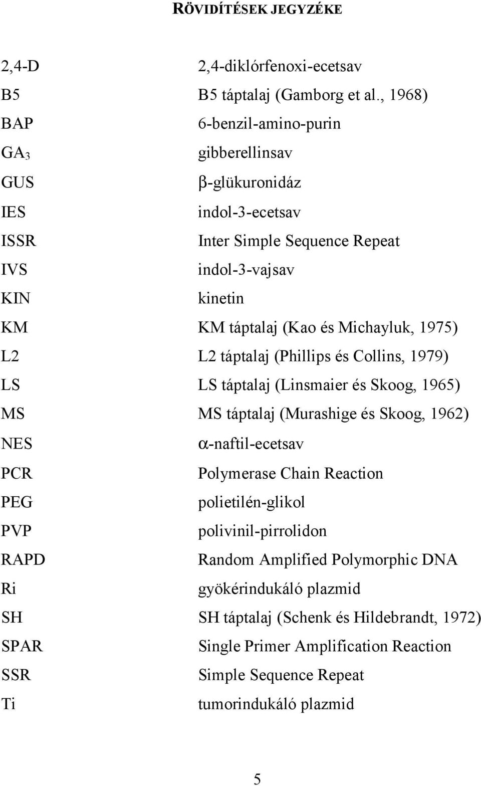 és Michayluk, 1975) L2 L2 táptalaj (Phillips és Collins, 1979) LS LS táptalaj (Linsmaier és Skoog, 1965) MS MS táptalaj (Murashige és Skoog, 1962) NES α-naftil-ecetsav PCR