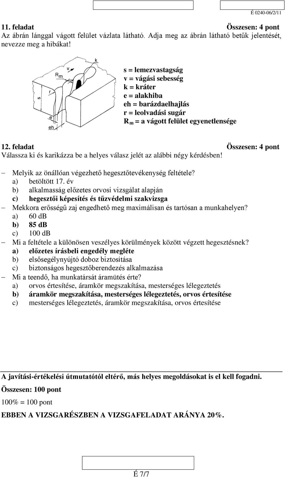 feladat Összesen: 4 pont Válassza ki és karikázza be a helyes válasz jelét az alábbi négy kérdésben! Melyik az önállóan végezhető hegesztőtevékenység feltétele? a) betöltött 17.