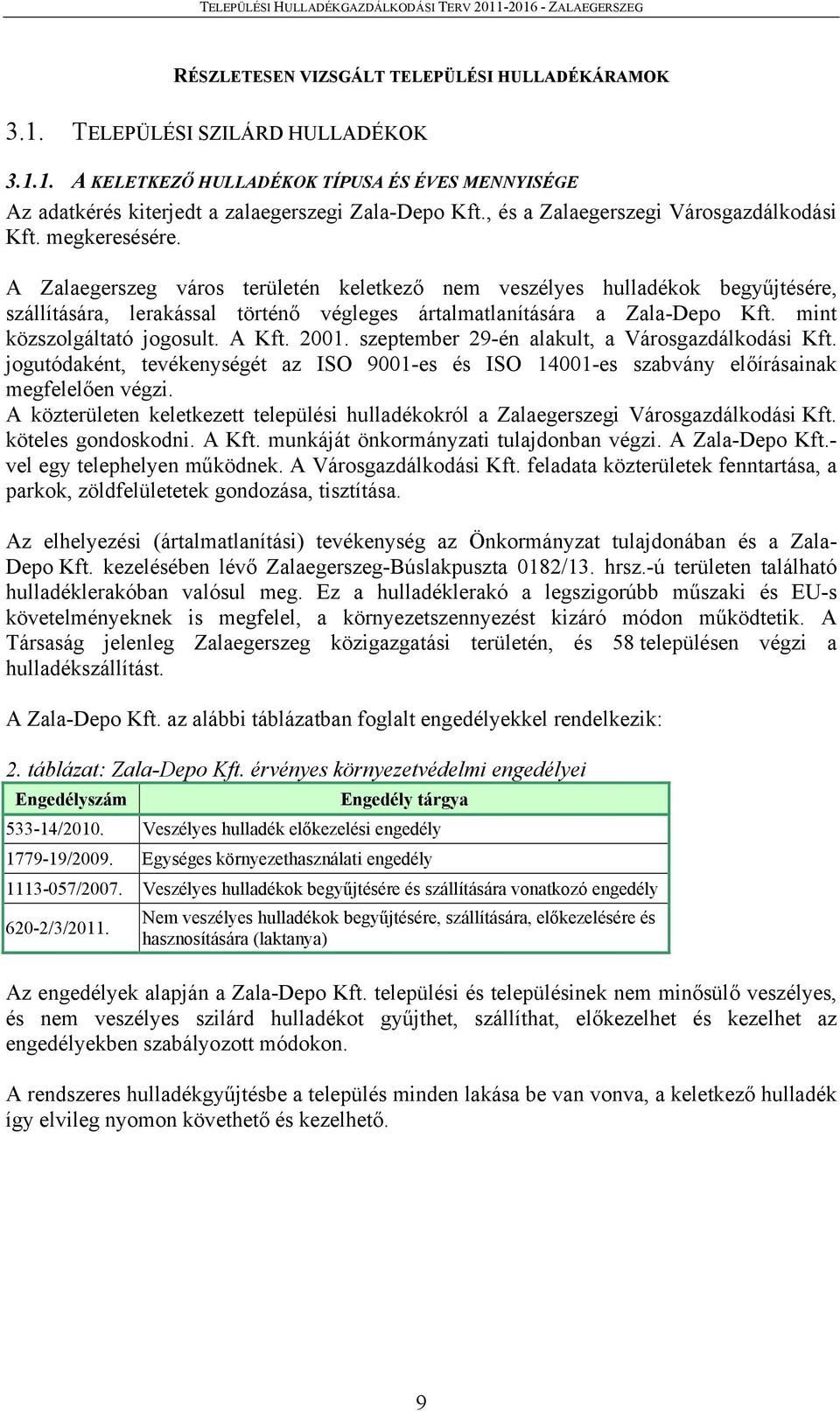A Zalaegerszeg város területén keletkező nem veszélyes hulladékok begyűjtésére, szállítására, lerakással történő végleges ártalmatlanítására a Zala-Depo Kft. mint közszolgáltató jogosult. A Kft. 2001.