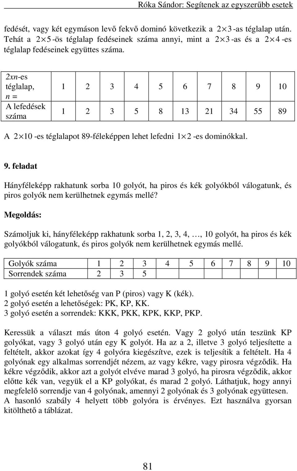 2xn-es téglalap, n = A lefedések 1 2 3 4 5 6 7 8 9 10 1 2 3 5 8 13 21 34 55 89 A 2 10 -es téglalapot 89-féleképpen lehet lefedni 1 2 -es dominókkal. 9. feladat Hányféleképp rakhatunk sorba 10 golyót, ha piros és kék golyókból válogatunk, és piros golyók nem kerülhetnek egymás mellé?