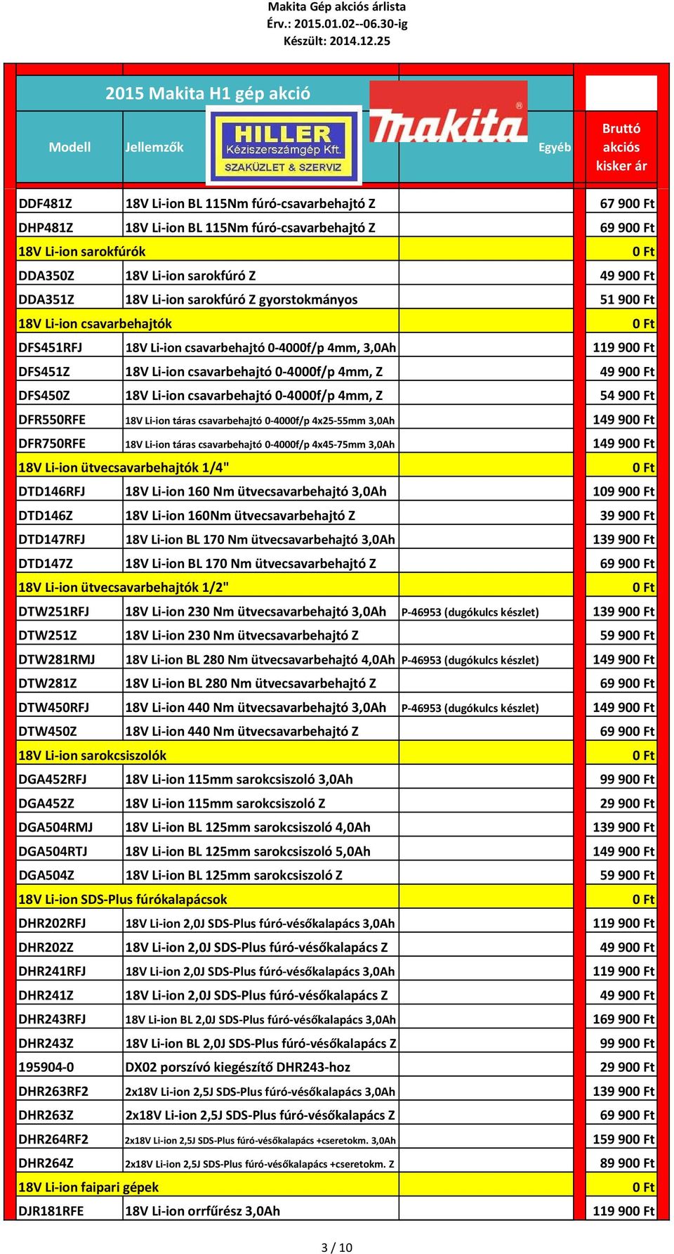 18V Li ion sarokfúró Z gyorstokmányos 51 9 18V Li ion csavarbehajtók DFS451RFJ 18V Li ion csavarbehajtó 4f/p 4mm, 3,Ah 119 9 DFS451Z 18V Li ion csavarbehajtó 4f/p 4mm, Z 499 DFS45Z 18V Li ion