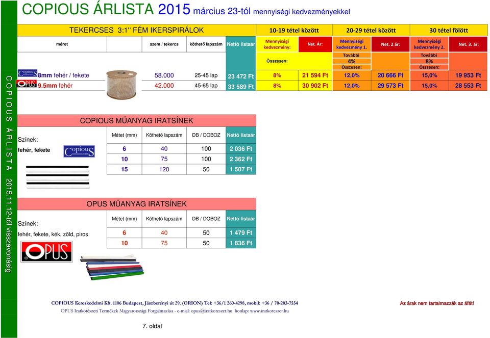 000 45-65 lap 33 589 Ft 8% 30 902 Ft 12,0% 29 573 Ft 15,0% 28 553 Ft COPIOUS MŰANYAG IRATSÍNEK Köthető lapszám DB / DOBOZ Nettó lista fehér, fekete 6 40 100 Színek: Métet (mm) 10 75 100 15 120 50