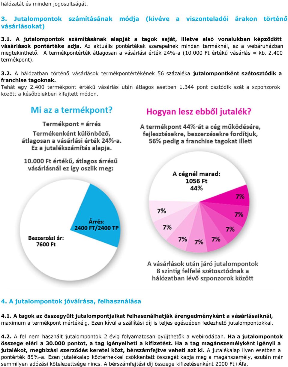 A termékpontérték átlagosan a vásárlási érték 24%-a (10.000 Ft értékű vásárlás = kb. 2.400 termékpont). 3.2. A hálózatban történő vásárlások termékpontértékének 56 százaléka jutalompontként szétosztódik a franchise tagoknak.