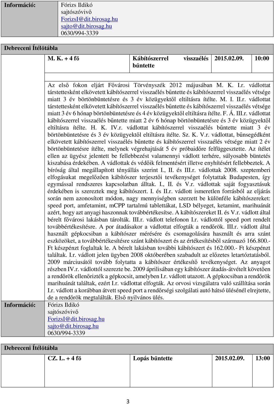 M. I. II.r. vádlottat társtettesként elkövetett kábítószerrel visszaélés bűntette és kábítószerrel visszaélés vétsége miatt 3 év 6 hónap börtönbüntetésre és 4 év közügyektől eltiltásra ítélte. F. Á.