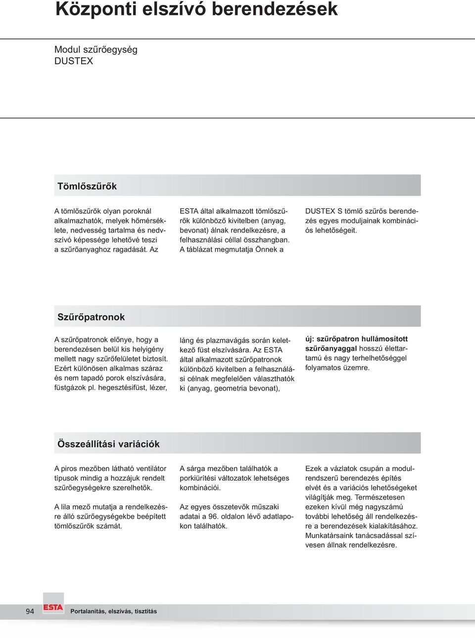A táblázat megmutatja Önnek a DUSTEX S tömlő szűrős berendezés egyes moduljainak kombinációs lehetőségeit.