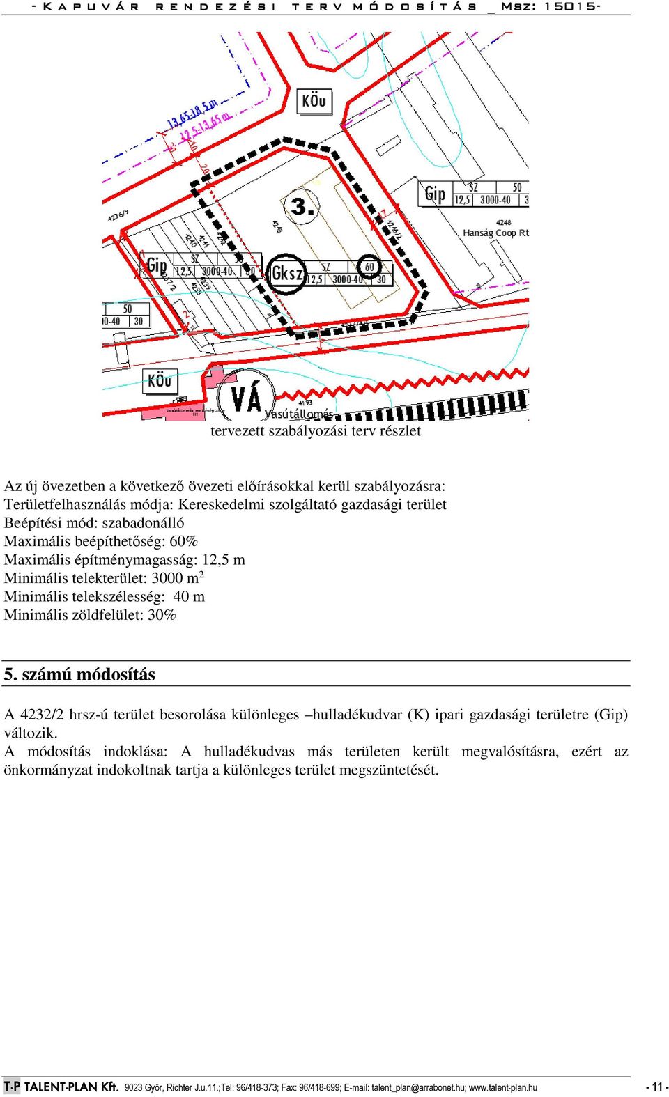 számú módosítás A 4232/2 hrsz-ú terület besorolása különleges hulladékudvar (K) ipari gazdasági területre (Gip) változik.