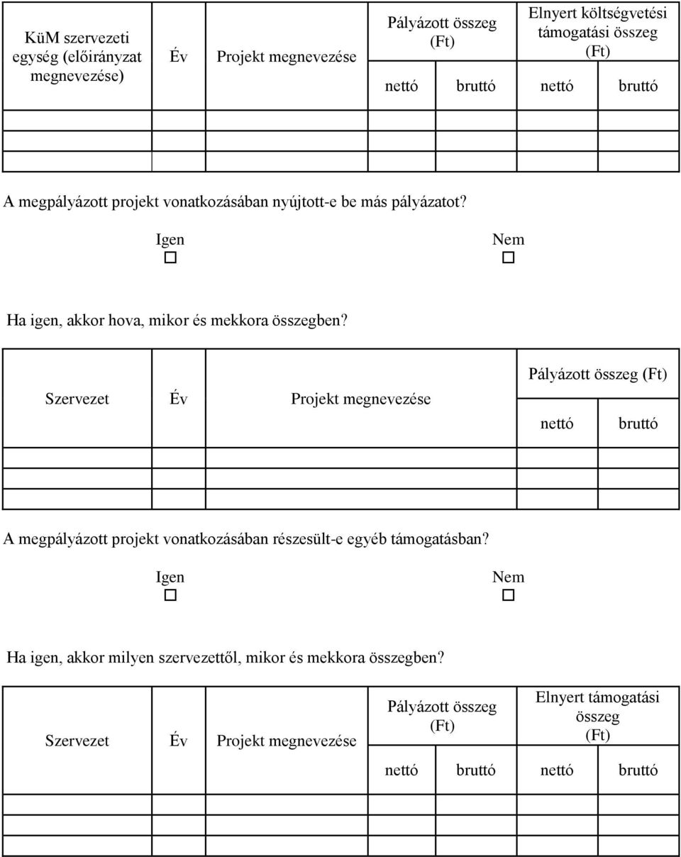 Szervezet Év Projekt megnevezése Pályázott összeg nettó bruttó A megpályázott projekt vonatkozásában részesült-e egyéb támogatásban?