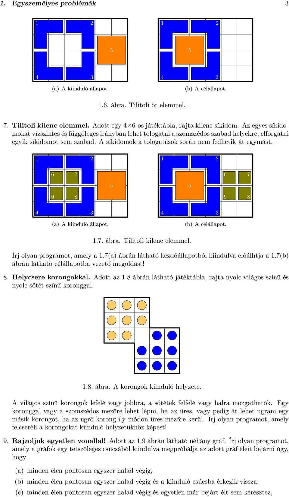 9 9 (a) A kiinduló állapot. (b) A célállapot... ábra. Tilitoli kilenc elemmel. Írj olyan programot, amely a.(a) ábrán látható kezdőállapotból kiindulva előállítja a.