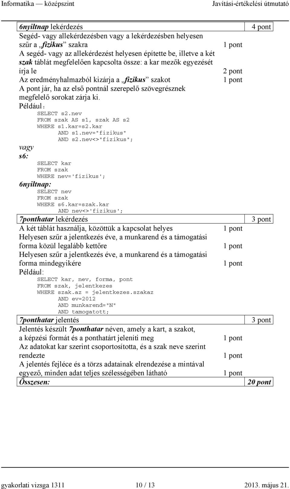 nev FROM szak AS s1, szak AS s2 WHERE s1.kar=s2.kar AND s1.nev="fizikus" AND s2.nev<>"fizikus"; s6: SELECT kar FROM szak WHERE nev='fizikus'; 6nyiltnap: SELECT nev FROM szak WHERE s6.kar=szak.