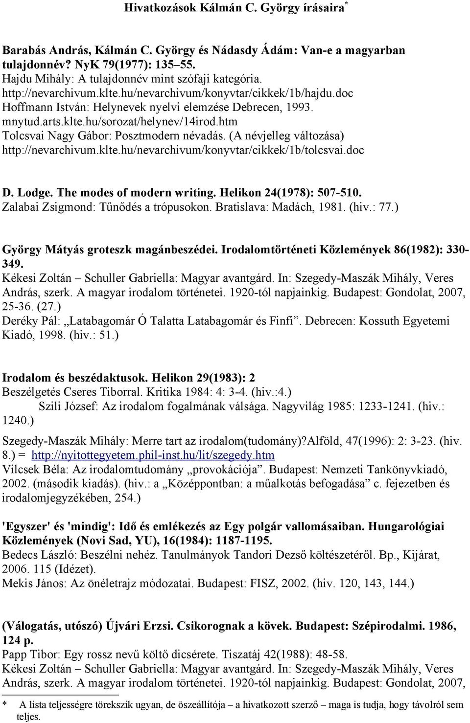htm Tolcsvai Nagy Gábor: Posztmodern névadás. (A névjelleg változása) http://nevarchivum.klte.hu/nevarchivum/konyvtar/cikkek/1b/tolcsvai.doc D. Lodge. The modes of modern writing.