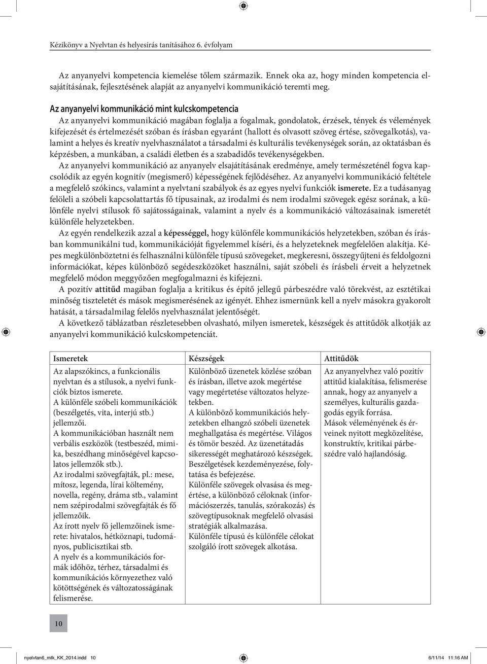 egyaránt (hallott és olvasott szöveg értése, szövegalkotás), valamint a helyes és kreatív nyelvhasználatot a társadalmi és kulturális tevékenységek során, az oktatásban és képzésben, a munkában, a