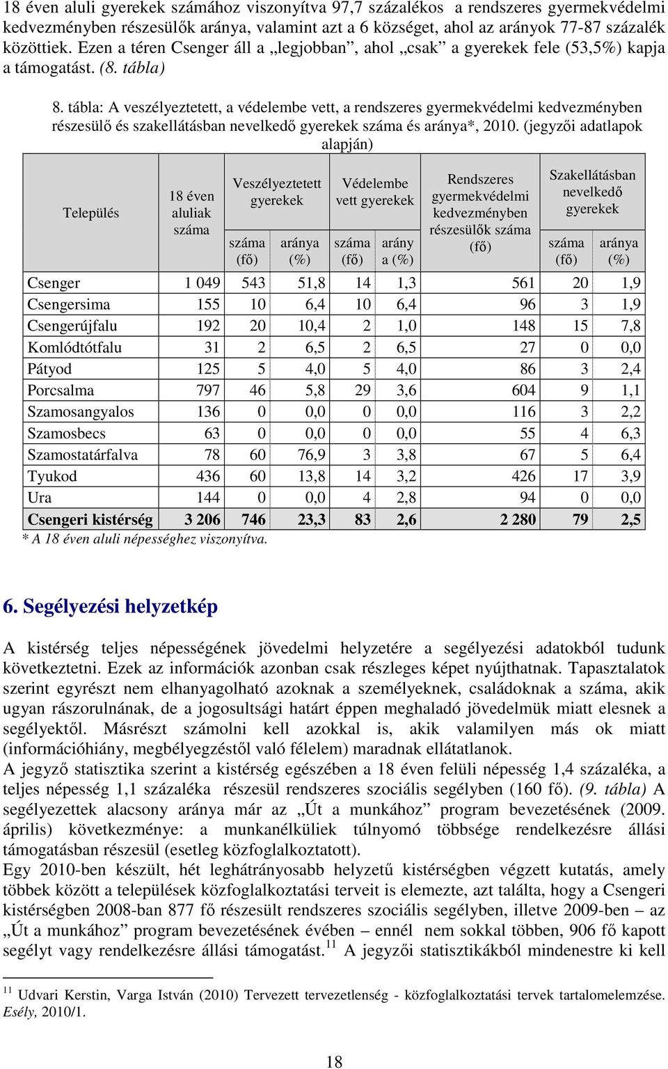 tábla: A veszélyeztetett, a védelembe vett, a rendszeres gyermekvédelmi kedvezményben részesülő és szakellátásban nevelkedő gyerekek és aránya*, 2010.