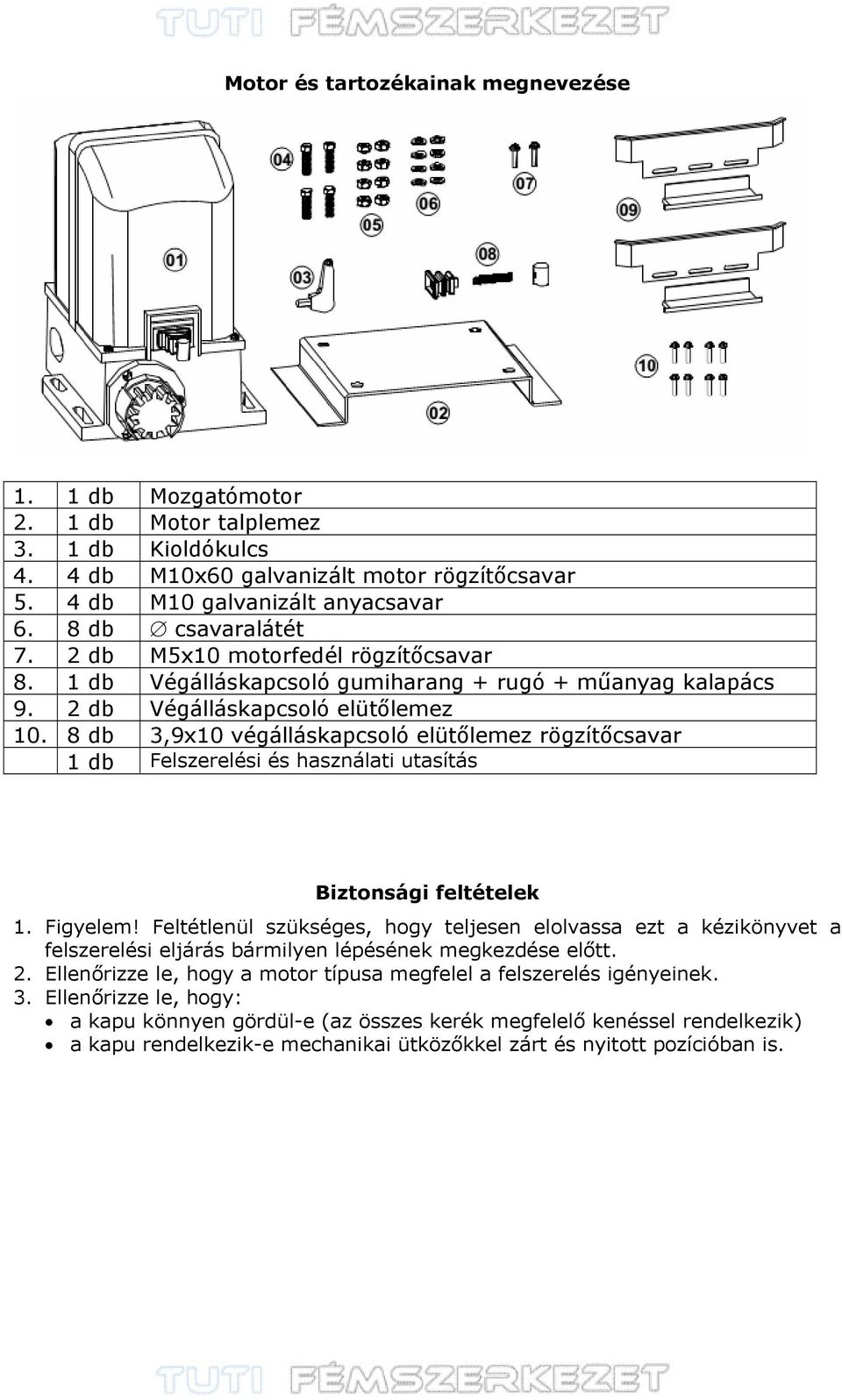 8 db 3,9x10 végálláskapcsoló elütőlemez rögzítőcsavar 1 db Felszerelési és használati utasítás Biztonsági feltételek 1. Figyelem!