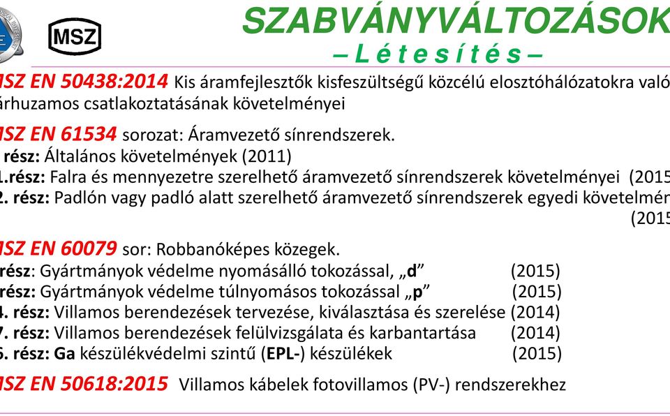 rész: Padlón vagy padló alatt szerelhető áramvezető sínrendszerek egyedi követelmén (2015 SZ EN 60079 sor: Robbanóképes közegek.