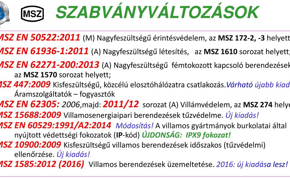 várható újabb kiadá Áramszolgáltatók fogyasztók SZ EN 62305: 2006,majd: 2011/12 sorozat (A) Villámvédelem, az MSZ 274 helye SZ 15688:2009 Villamosenergiaipari berendezések tűzvédelme. Új kiadás!