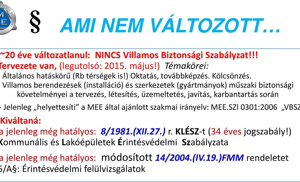 Villamos berendezések (installáció) és szerkezetek (gyártmányok) műszaki biztonsági követelményei a tervezés, létesítés, üzemeltetés, javítás, karbantartás során Jelenleg