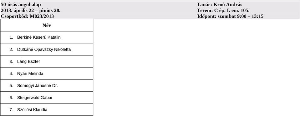 Csoportkód: M023/2013 Időpont: szombat 9:00 13:15 1.