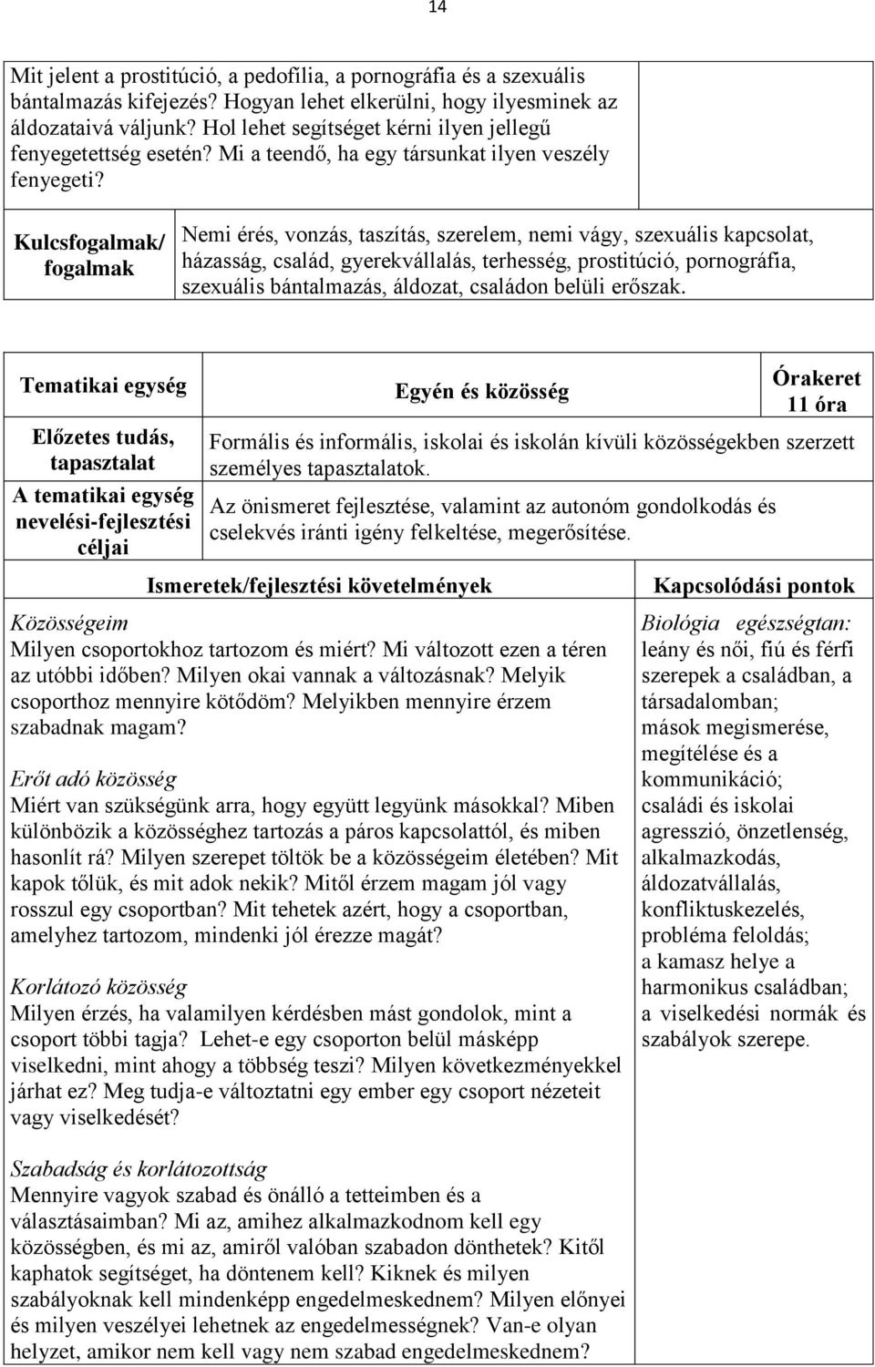 Kulcs/ Nemi érés, vonzás, taszítás, szerelem, nemi vágy, szexuális kapcsolat, házasság, család, gyerekvállalás, terhesség, prostitúció, pornográfia, szexuális bántalmazás, áldozat, családon belüli