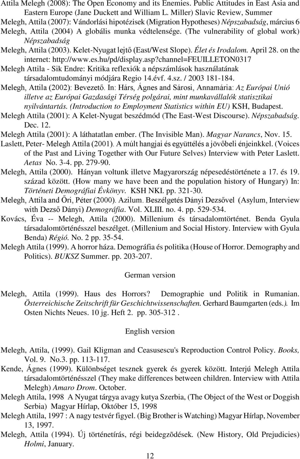 (The vulnerability of global work) Népszabadság Melegh, Attila (2003). Kelet-Nyugat lejtő (East/West Slope). Élet és Irodalom. April 28. on the internet: http://www.es.hu/pd/display.asp?
