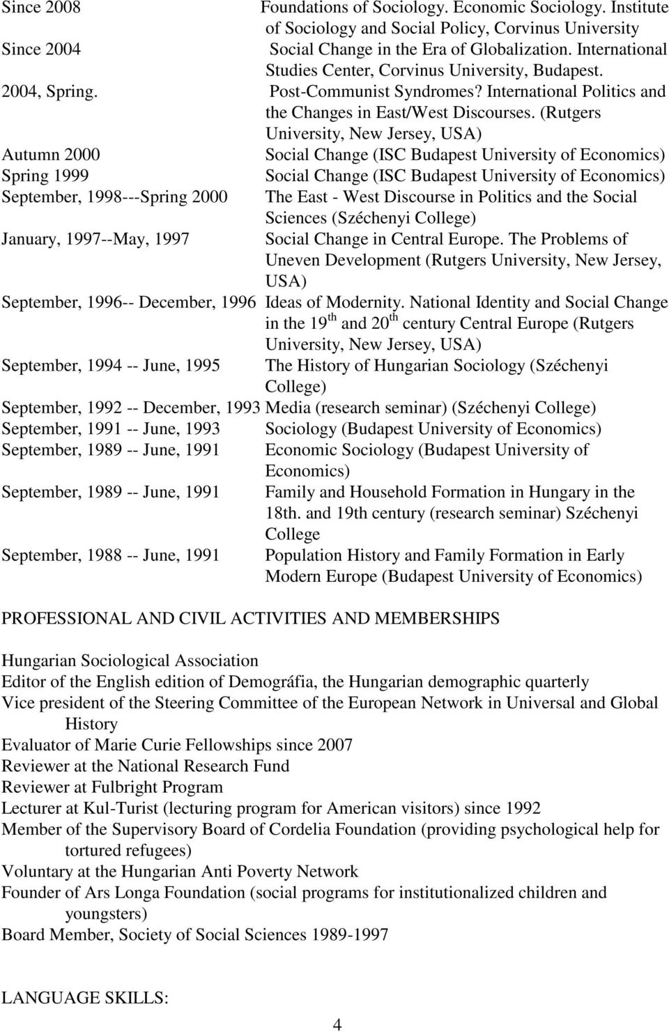 (Rutgers University, New Jersey, USA) Autumn 2000 Social Change (ISC Budapest University of Economics) Spring 1999 Social Change (ISC Budapest University of Economics) September, 1998---Spring 2000