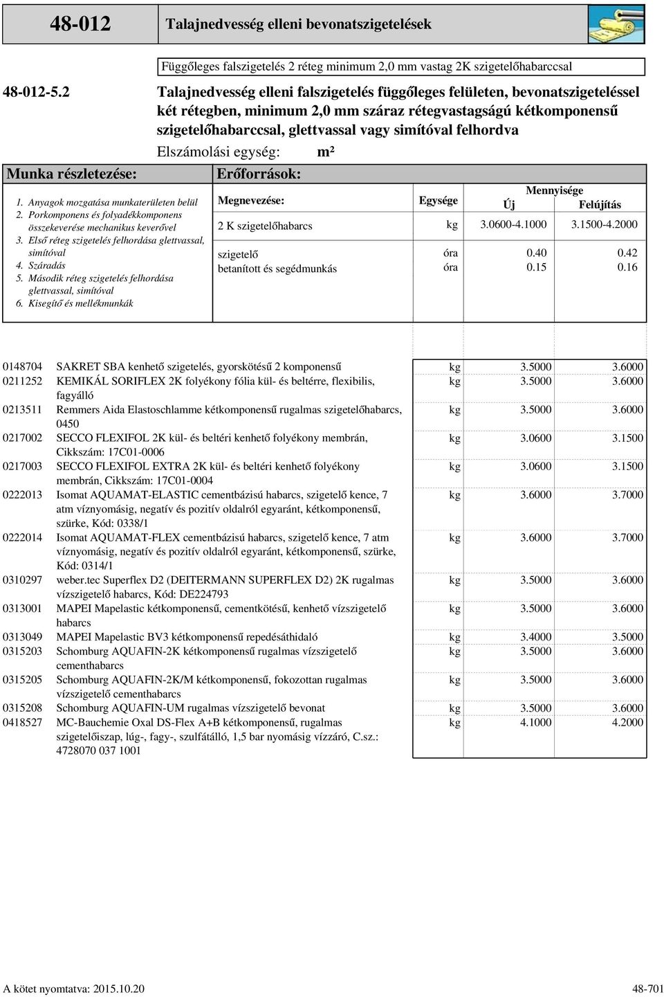 vagy simítóval felhordva Elszámolási egység: m² Erőforrások: 1. Anyagok mozgatása munkaterületen belül 2. Porkomponens és folyadékkomponens összekeverése mechanikus keverővel 3.