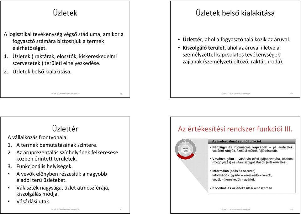 Kiszolgáló terület, ahol az áruval illetve a személyzettel kapcsolatos tevékenységek zajlanak (személyzeti öltöző, raktár, iroda). Tóth É. - Kereskedelmi ismeretek 45 Tóth É.